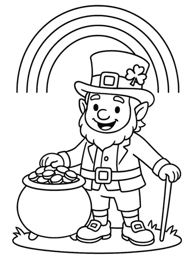 Line art of a leprechaun beside a pot of gold with a rainbow overhead