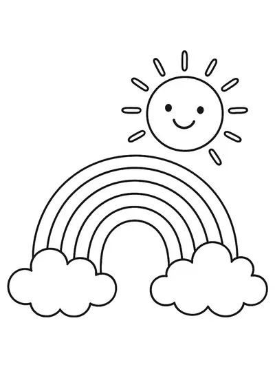 Simple line art of a rainbow with a smiling sun above and two fluffy clouds.
