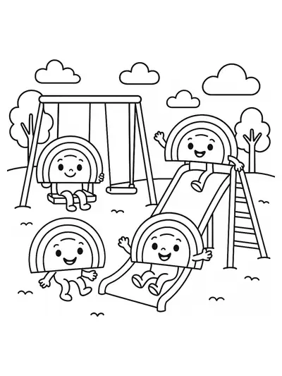Simple line art of rainbow-themed friends playing in a park with swings and slides.