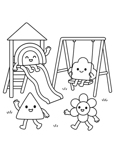 Simple coloring page of Rainbow Friends playing at a playground, with slides and swings.