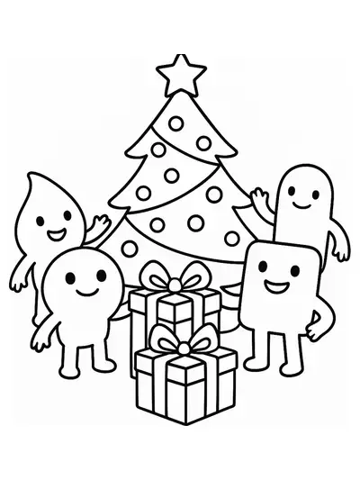 Easy coloring page of Rainbow Friends around a Christmas tree with presents.