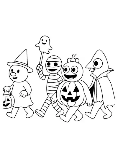 Line drawing of rainbow friends in Halloween costumes marching in a parade.