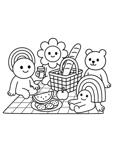 Preschool coloring page of Rainbow Friends having a picnic on a blanket.