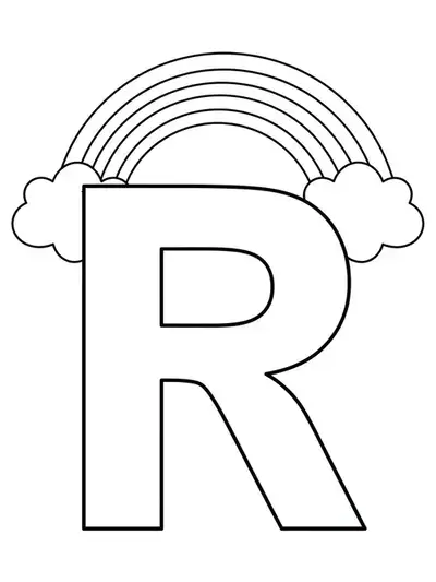 Large letter R with a simple rainbow arching over it, easy outlines for elementary coloring.