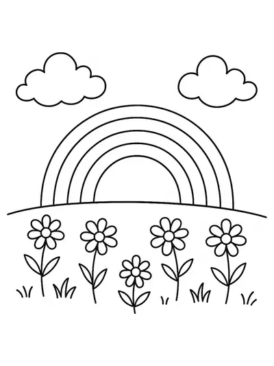 A simple line art of a rainbow above grass and flowers in a spring meadow