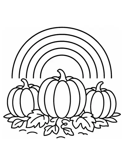 Outline of a rainbow over three large pumpkins in a patch, with simple leaves.