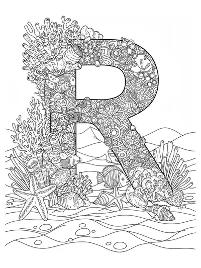 Intricate letter R surrounded by coral, tropical fish, shells, and ocean waves in a hard coloring page.