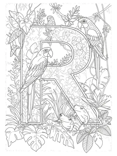 Highly detailed letter R surrounded by rainforest plants, animals, and leaves, ready for coloring.