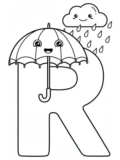 Large letter R with cute raincloud, umbrella, and falling raindrops, simple outlines for easy coloring.