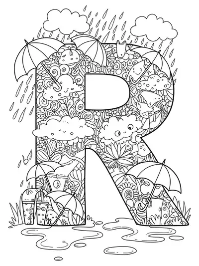 Elaborate letter R with umbrellas, raindrops, clouds, and puddles, all in intricate detail.