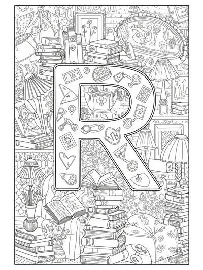 Elaborate letter R with books, lamps, cozy reading corners, and literary motifs for complex coloring.