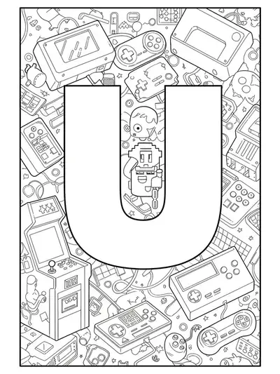 Letter U with pixel art, arcade machines, and retro gaming controllers, designed for teens.