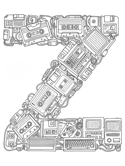 Letter Z surrounded by vintage electronics like cassettes and floppy disks, hard coloring page for teens.