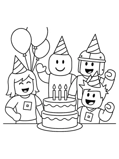 Roblox characters with birthday hats, a cake, and balloons, in clear, easy outlines for kids
