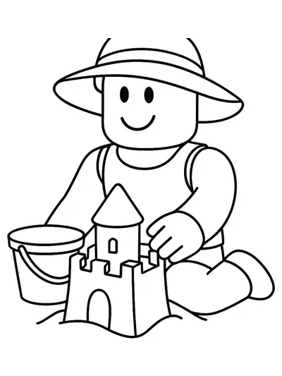 Roblox character at the beach with sandcastle and bucket, easy for preschool coloring.