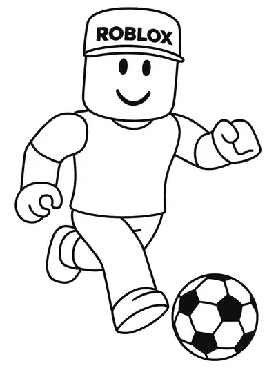Roblox character kicking a soccer ball, simple lines and large spaces for preschoolers.