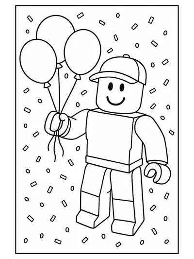 Simple Roblox character holding balloons with confetti, easy outline for preschool coloring.