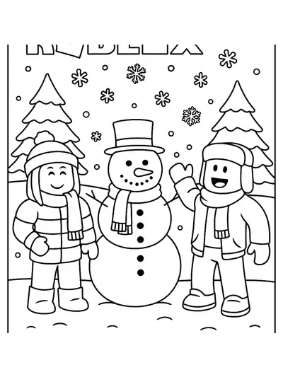Easy Roblox winter scene with characters in scarves, snowflakes, and snowman, simple lines for kids