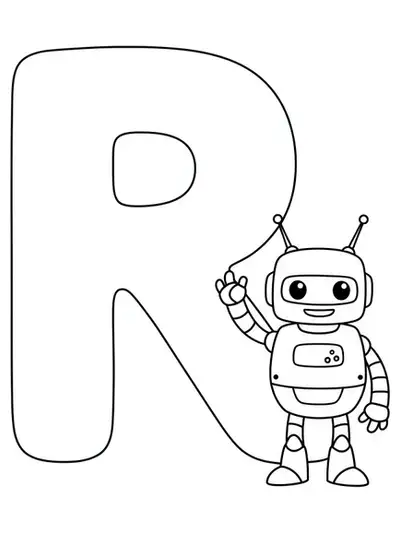 Large letter R with a smiling cartoon robot waving beside it, easy to color outlines.