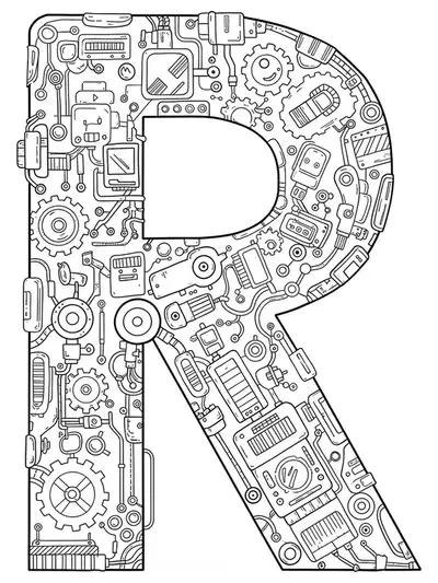 Complex letter R filled with gears, robot parts, and digital patterns for hard-level coloring.