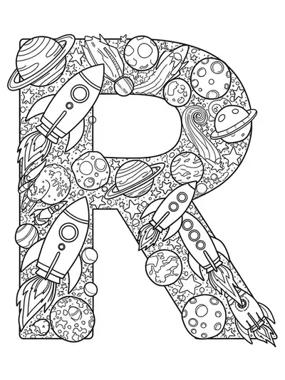 Intricate letter R with rockets, planets, and detailed space elements forming a challenging coloring page.