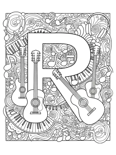 Detailed letter R surrounded by guitars, notes, headphones, and music-themed patterns for hard coloring.
