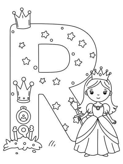 Large letter R with a smiling cartoon princess in a crown, easy coloring outlines for kids.