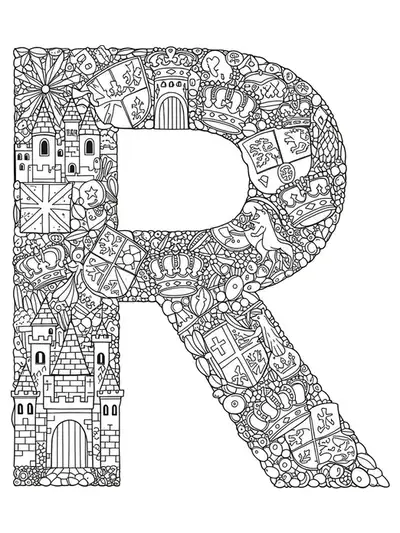 Intricate letter R decorated with detailed castles, crowns, and royal symbols forming a hard-level coloring page.