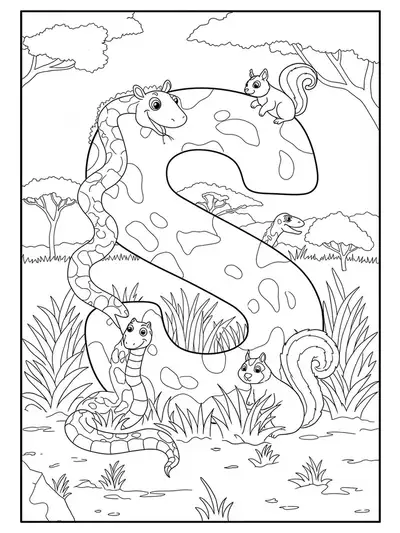 Printable coloring page with a big letter S among safari animals like snakes and squirrels, and savanna grasses.