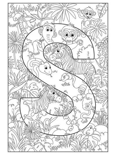 Safari-themed letter S with detailed snake, zebra, monkey, and plants for hard coloring.