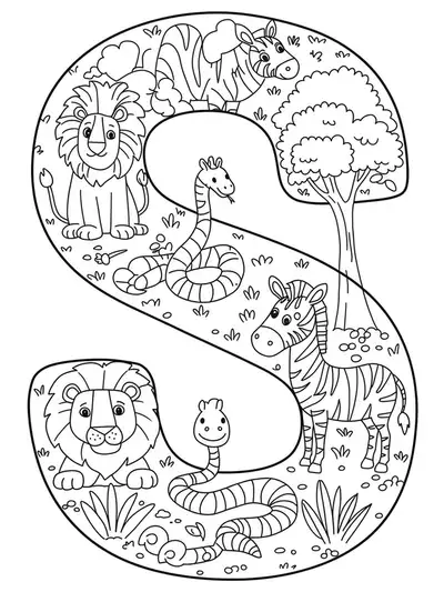 Letter S decorated with intricate safari animals like lions, snakes, zebras, and trees for preschool