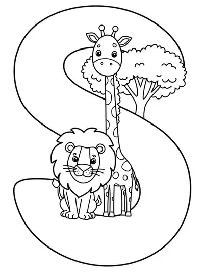 Large letter S with simple safari animal outlines and a tree, easy for coloring.