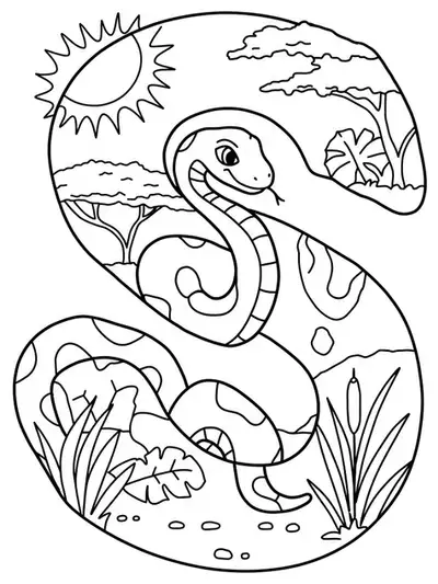 Coloring page with a big letter S, snake, sun, and savannah plants
