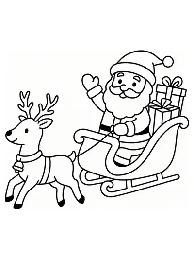 Santa Claus sitting in his sleigh with presents and reindeer, outlined for coloring.