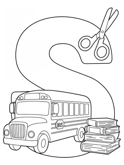 Coloring page with a big letter S, school bus, scissors, and books