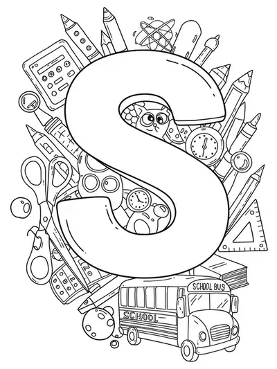Printable coloring page with a large letter S surrounded by scissors, a school bus, and books.