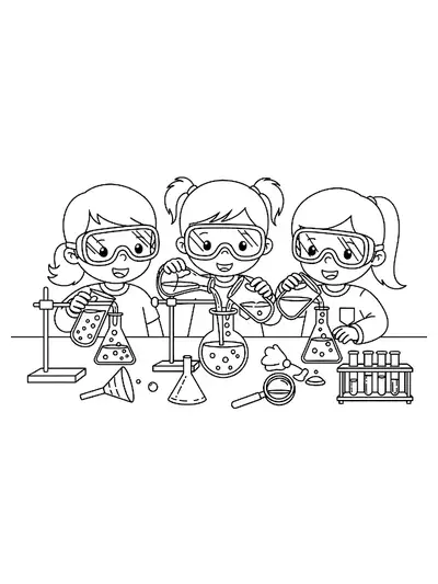 Kids in a lab with safety goggles and bubbling beakers