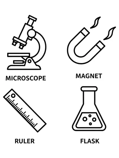 Simple drawings of science tools: microscope, flask, magnet, ruler
