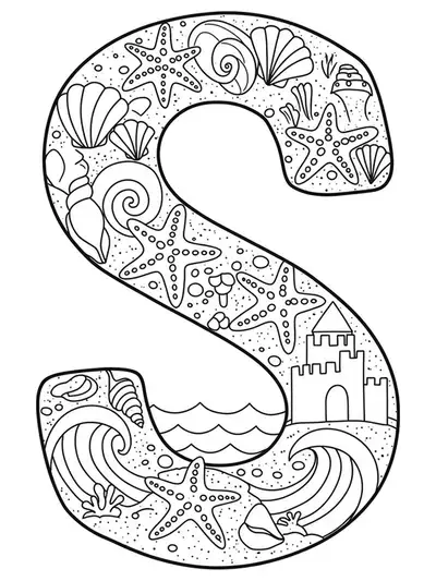 Letter S surrounded by detailed seashells, starfish, sandcastles, and ocean waves for preschool coloring