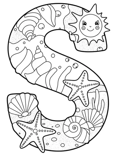 Large letter S with beach items like seashells, starfish, and a sun, outlined for coloring.