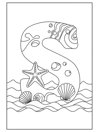 Coloring page with a big letter S, starfish, seashells, and ocean waves
