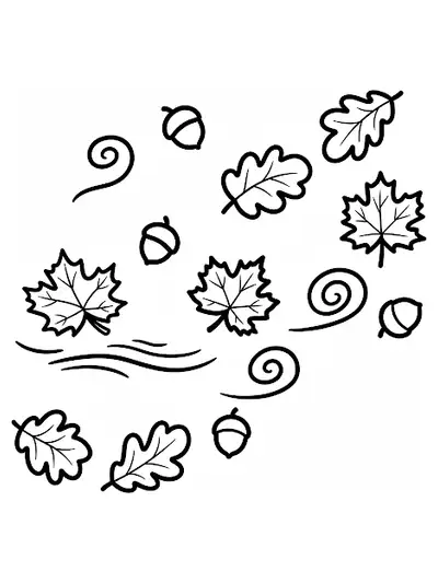 Falling leaves and acorns with swirling wind patterns