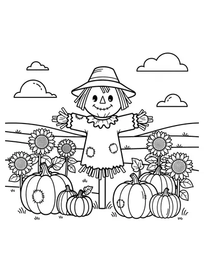 Smiling scarecrow in a field with sunflowers, pumpkins, and birds flying by