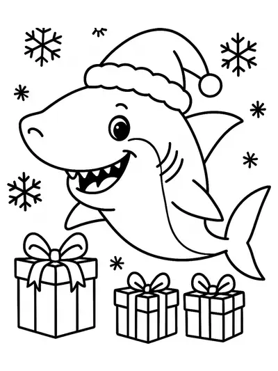 Simple line art of a smiling shark wearing a Santa hat, with Christmas presents and snowflakes around.
