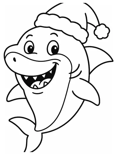 Easy coloring page of a smiling shark wearing a Santa hat.