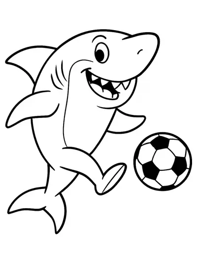 Easy coloring page of a shark kicking a soccer ball.