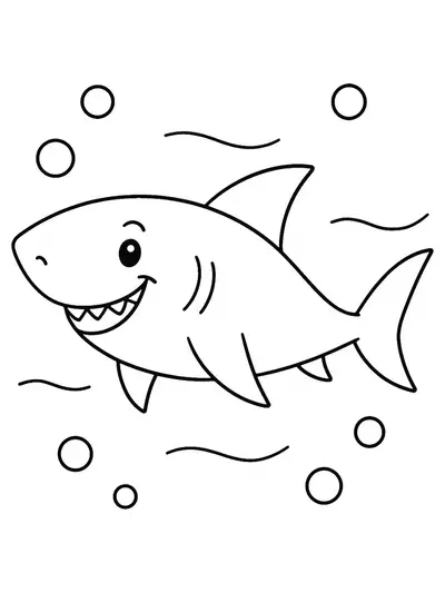 Easy coloring page showing a smiling shark swimming in the ocean with bubbles.