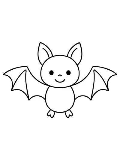 Easy outline of a cartoon bat with large wings and a smiling face
