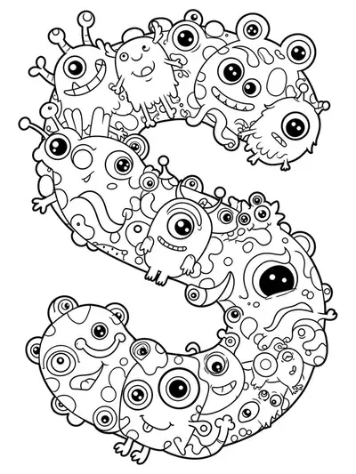 Intricate letter S decorated with silly, detailed cartoon monsters for preschool coloring