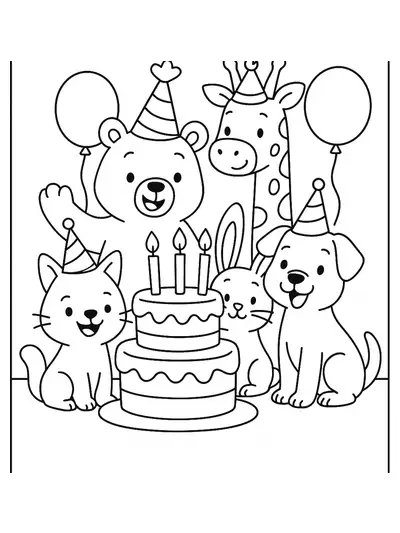 Coloring page with cute smiling animals celebrating a birthday with balloons and cake.